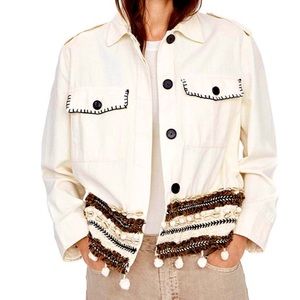 Zara Cotton Denim Jacket Fringe Embellished Lightweight Oversized Womens Size XS
